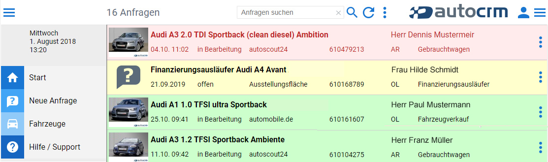 autocrm Anfragenliste beim Verkufer