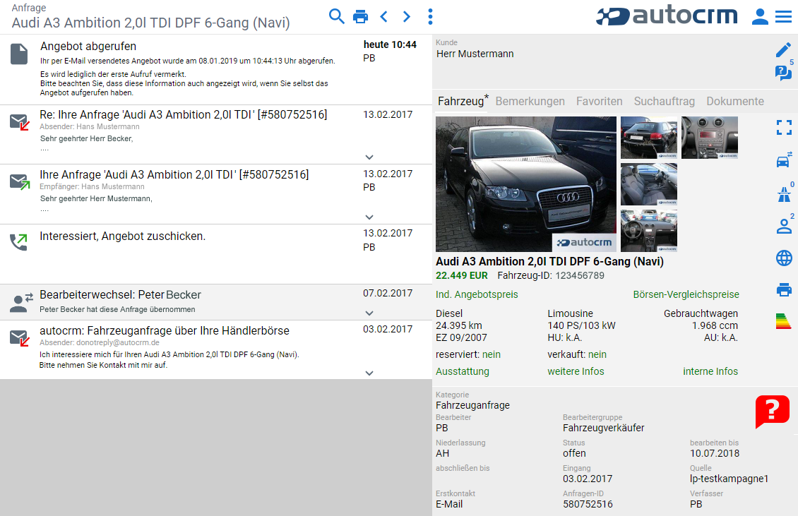 autocrm Detailansicht einer Anfrage